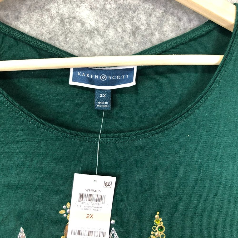 Karen Scott Christmas Holiday Top Size 2X Green 3/4 Sleeve Embellished Jeweled - Picture 4 of 7